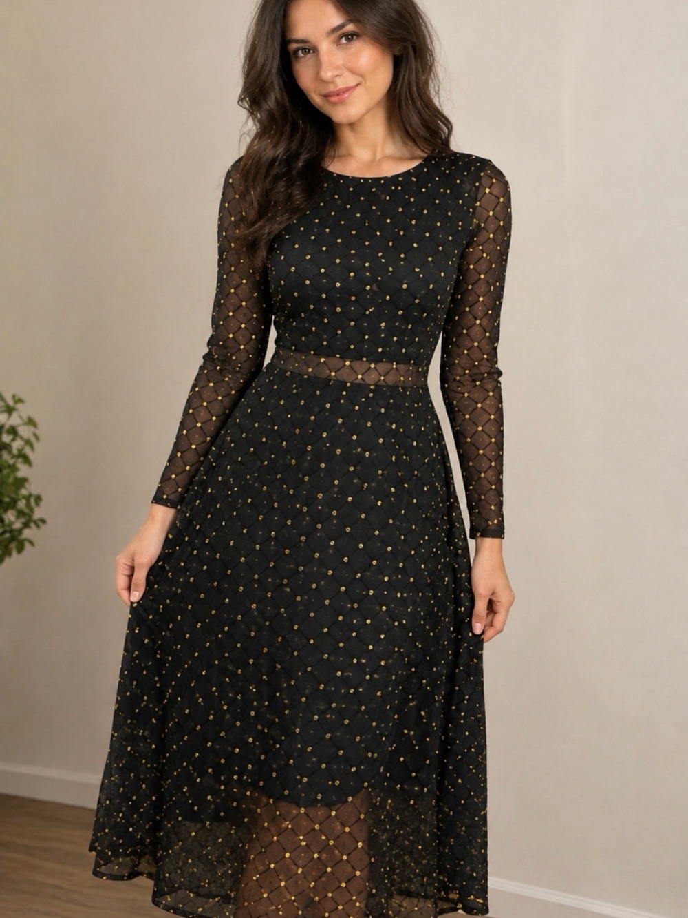 AUW Black Maxi Dress with Gold Dot Mesh Overlay
